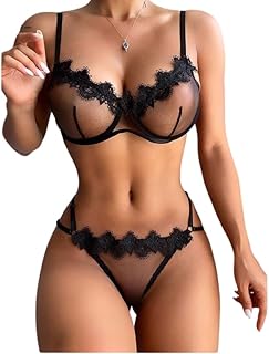 Satohom Sexy Women's Lingerie Set 2-Piece Underwear Set Transparent Bra + Thong Flirty Lingerie Negligee Erotic Flowers La...