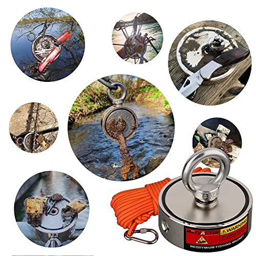 Mutuactor Double Sides Combined 1100Lb Fishing Magnet Kits,Super Strong Neodymium Magnet Heavy Duty N52 With 65 Ft(20M) Durable Rope,Powerful Magnetic For Retrieving Treasure In River #TOP5
