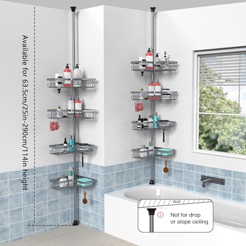 Image of KEGII 4-Tier Corner Shower Caddy Tension Pole - Adjustable Shower Tension Rod Organizer, Floor to Ceiling Shower Caddy 25-114.2 inch, Shower Towel Rack Corner Waterproof, Light Gray