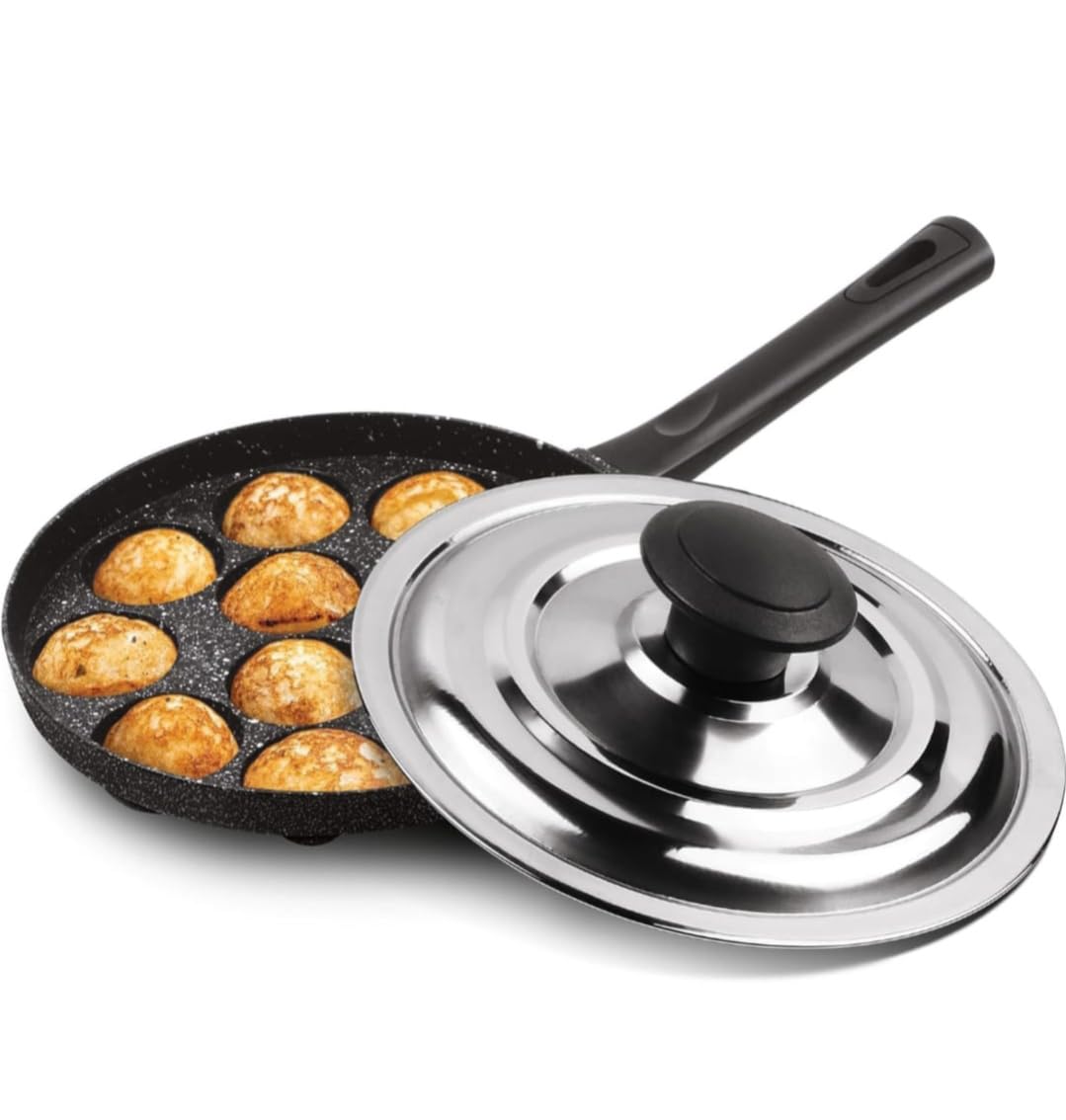 Hawkeye Heavy Weight Appam Maker 23cm with Stainless Steel Lid | Gas Compatible Non-Stick Paniyaram Pan | Durable Granite Coating for Soft & Crispy Appams | 12 Cavity Cookware-image-36