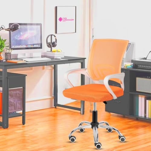 Image of Casa Copenhagen Mesh Mid Back Office /Study /Computer /Revolving /Desk Chair for Work from Home -Metal Base, Height Adjustable Seat-Orange& White Handle