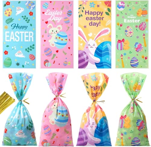 50 Pièces Sachet Pâques Bonbons, Sachets Transparents pour Biscuits Lapins œufs Colorés Poussins, Sacs Cellophane avec Attaches Sachet pour Chocolat...