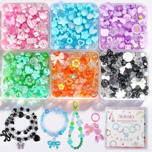 Sistenia 480PCS Acrylic Beads for Bracelet Making Kit with String 6 Colors Assorted Cute Beads Bracelet Charms for Jewelry Making Kawaii Bow Star Flower Shape for DIY Keychain Bag Necklace Charms