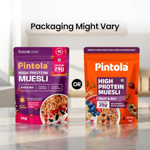 Image of Pintola 25g High Protein Muesli, Fruit & Nut, 1kg | Gluten-Free, Naturally Sweetened with Organic Jaggery & Dates, 22% Fruits, Nuts & Seeds, No Refined Sugar, Healthy Breakfast Cereal