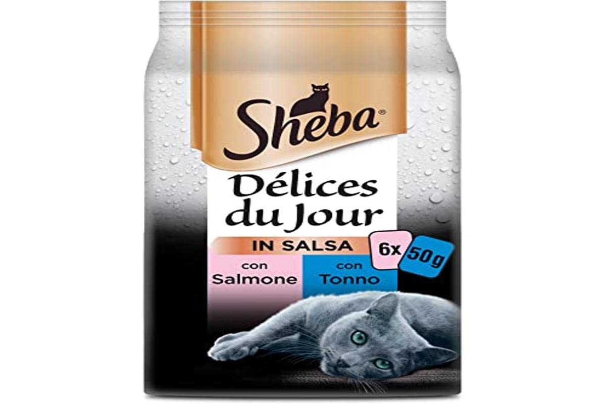 Sheba Délice Du Jour mokra karma dla kotów z łososiem i tuńczykiem w sosie, 12 opakowań po 6 saszetek x 50 g każda: łącznie 3600 g