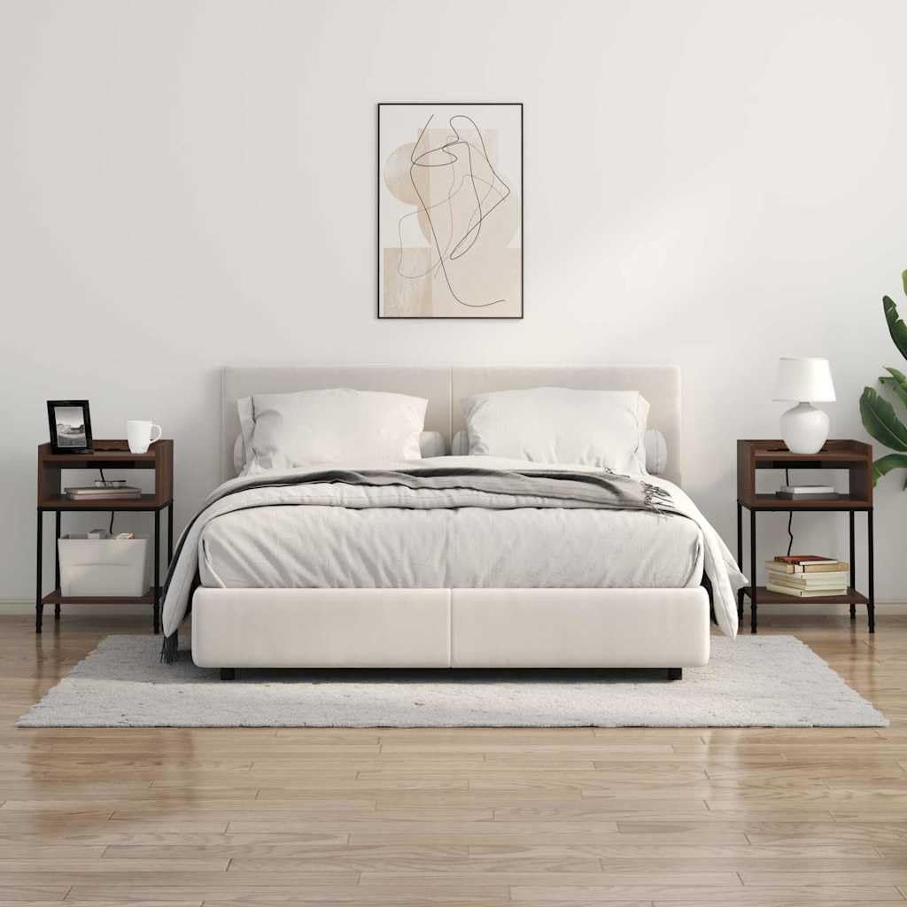 Stolik nocny, zestaw 2 sztuk, wygląd brązowego dębu, 40 x 40 x 61 cm, materiał drewnopochodny ze stalową ramą, 4 półki, miejsce do przechowywania i stacja ładująca do sypialni, salonu