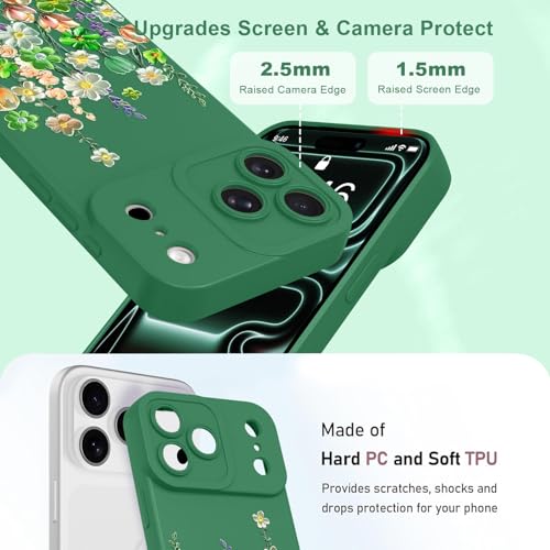 Image of Designed for iPhone 17 Pro Max Case Floral for Women Girls, Green | Cute Oil Painting Flower Pattern Liquid Silicone Phone Case [Full Camera Protection] Slim Soft TPU Protective Cover