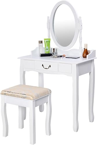 Miniatura 3 de Giantex Juego de mesa de tocador blanca con taburete acolchado para niñas y mujeres, tocadores de madera para regalo, tocadores de habitación con