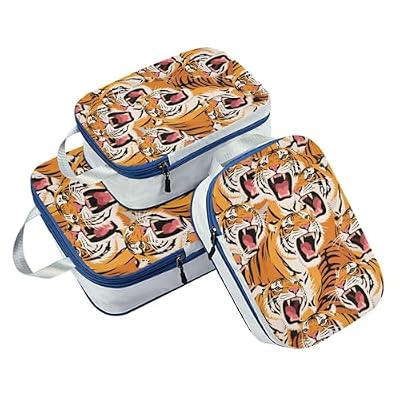 With Zipper 3 Piecing Packing Travel Bag 100% Polyester Closet Organizer, Colorful Cartoon Animal Tigers (3 Set)