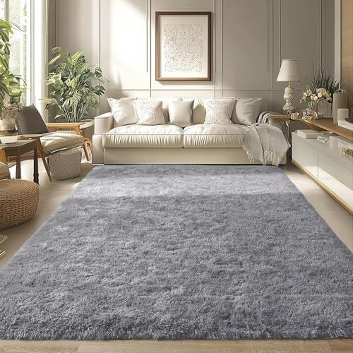 Merelax Soft Modern Indoor Large Shaggy Rug for Livingroom Bedroom Dorm Kids Room Home Decorative, Non-Slip Plush Fluffy Furry Fur Area Rugs Comfy Nursery Accent Floor Carpet 6x9 Feet, Grey