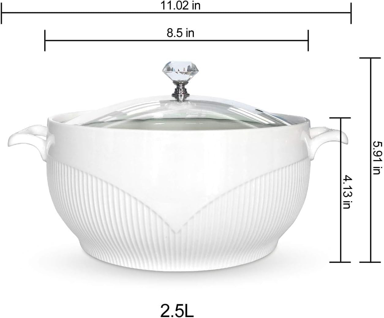 REANRO Ceramic Soup Tureen with Glass Lid, White Porcelain 2.5L Serving Bowl for Soup Stew Pasta Salad - Microwave Dishwasher Safe
