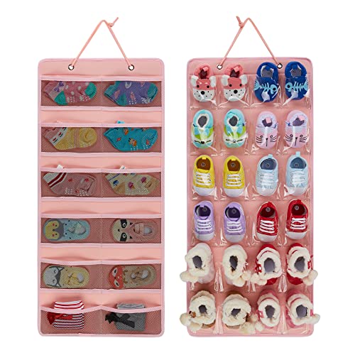 Image of HUHYNN Baby Shoe Organizer for 12 Pairs of Boys Girls Baby Shoes, Double Sided Baby Shoe Organizer with Multiple Pockets(No Accessories Included) (Pink)
