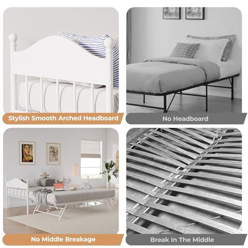 Image of Garvee Twin Daybed with Trundle, Twin Bed Frame with with Stylish Headboard, Heavy Duty Steel Slats Platform for Living Room, Bedroom, White