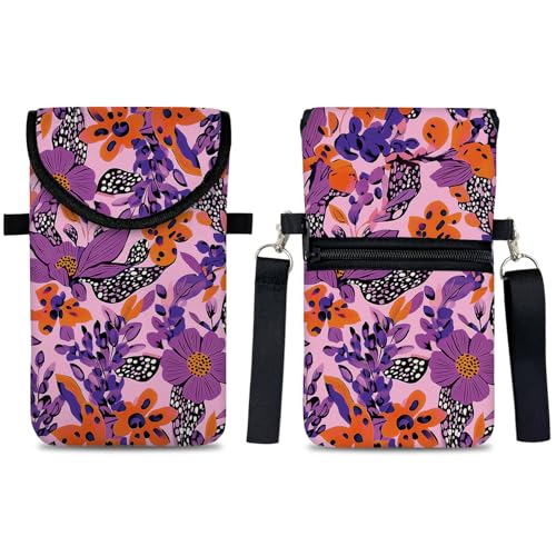 Image of Neoprene Cell Phone Sleeve Pouch Case Bag with Crossbody Strap Neck Lanyard for Women 7.5 X 4.3 in Purple Flower