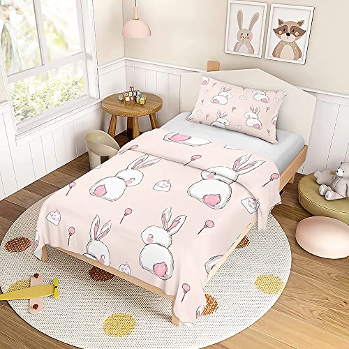ENEN Housse de Couette 120x150 cm + Taie d'oreiller 40x 60 cm, Parure de Lit 120x150 Enfant, Doux Ensemble de Literie en Microfibre Rose Dessins Animés Lapin...