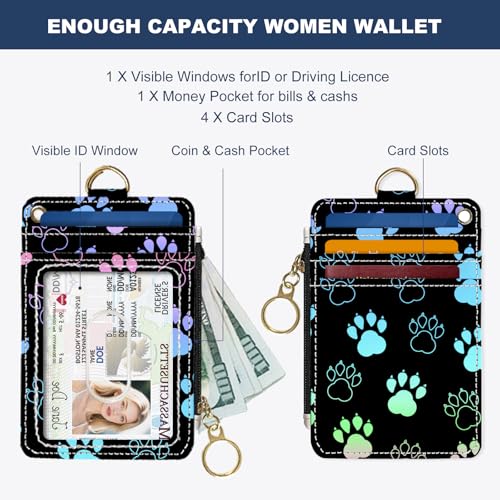 Image of Slim Wallet Credit Card Holder, Animal Paw Print, RFID Wallet Women Cute Small Front Pocket Wallet With Zipper, PU Leather Thin travel RFID Blocking Card Case ID Window,Ladies Gifts