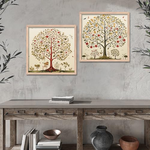 Image of kotart Premium Digital Madhubani tree wall Art Paintings with Frame for Home Decor - Framed Wall Painting for Living Room Bedroom Office Room Decor - Painting for Wall Decoration - Set of 2 Multicolor paintings (10x10 inch, A)