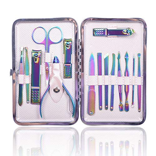 ZZIYEETTM Manicure Set Professional Stainless Steel Nail Clipper Tools Pedicure Kit Travel Rainbow Manicure Kits with PU Leather Case (15pcs A)
