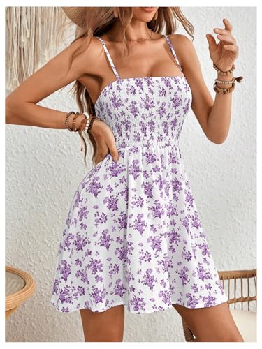 Image of Floerns Women's Boho Floral Print Sleeveless Sundress Ruched Bust Flare Hem Vacation Cami Short Dress