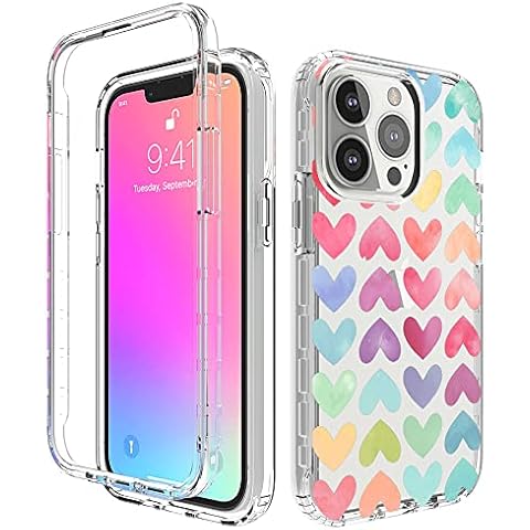Peachy Life for iPhone 13 Pro Case, Lovely Colorful Rainbow Hearts Pattern Heavy Duty Transparent Shockproof Hybrid Dual-Layered Soft TPU Shell+PC Frame Protective Clear Case 6.1" (Vertical Hearts) Cover