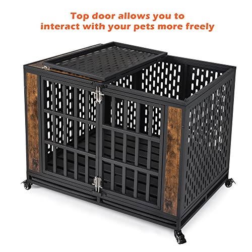 Heodmaem 42 Inch Heavy Duty Dog Crate Furniture, Dog Crates For Large Dogs With Lockable Wheels, Medium Dog Crate Indoor With Removable Tray, Metal Dog Kennel And Dog Cage #TOP4