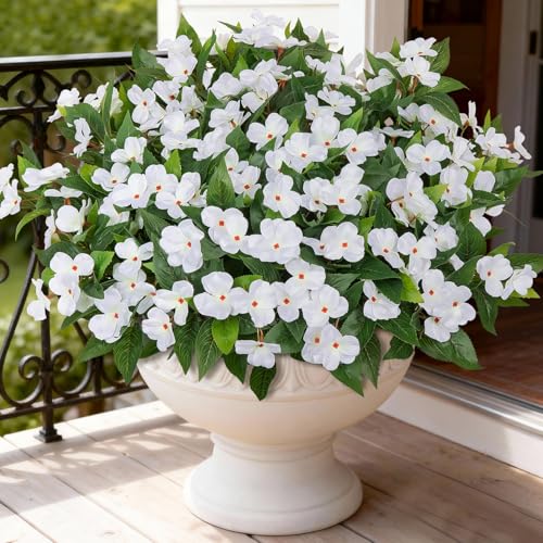 Image of Bassion 6 Bundles Artificial Flowers for Outdoors Fake Impatiens, White | UV resistant, silk flowers, no fade realistic faux plants, outside patio garden porch planters window box balcony home decor
