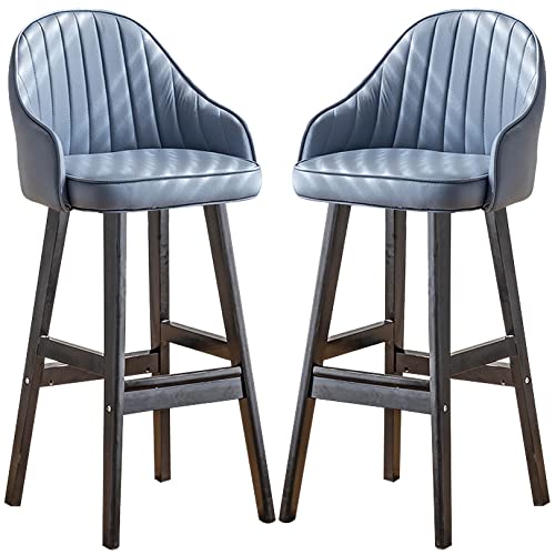 Taburetes de bar de madera, sillas de isla de cocina con reposapiés tapizados color azul oscuro, paquete de 2 unidades de 25 pulgadas de alto para pub, sala de estar, comedor