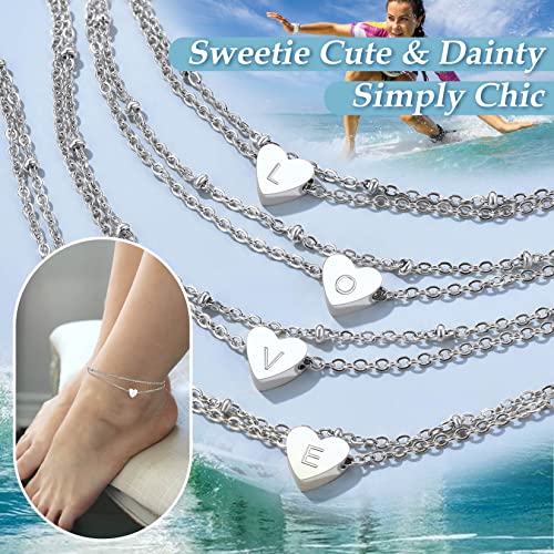 ChainsPro Women Initial Anklet, Heart Anklets for Women, A-Z Letter Ankle Bracelets Double-Layer, Adjustable Silver/Gold Plated Foot Chain Summer Beach - Image 5