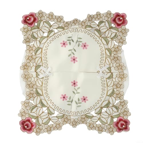 Housse de boîte à mouchoirs vintage brodée en dentelle florale pour boîtes standard de 9 x 13 cm, décoration en tissu élégant pour maison, salle de bain, salon, rose, rouge, gris foncé (rose rouge)
