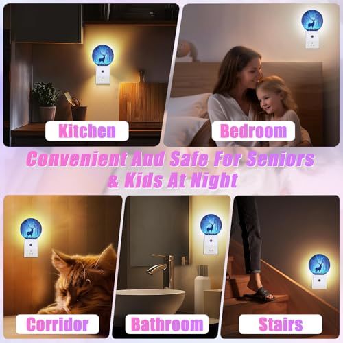 Image of Deer Pine Tree Night Light Foggy Forest Night Lights LED Lamp Round Plug into Wall Nightlight with Dusk to Dawn Sensor Home Hallway Stairway Kitchen Decor