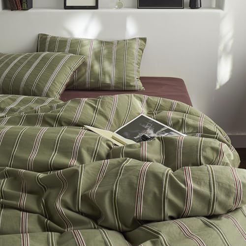 Image of mixinni Vintage Striped Duvet Cover Set Queen - 100% Cotton Reversible Jacquard Bedding Set, Retro Olive Green & Terracotta Comforter Cover, Soft Breathable 3-Piece(1 Duvet Cover+2 Pillowcases)
