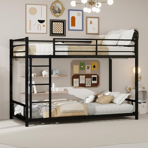 YEHTOKHOME Litera de 2 plazas 90 x 190 de metal, perfil bajo 136 cm, escalera integrada, barreras de seguridad, para adolescentes, somieres incluidos(sin colchón)(negro, D)