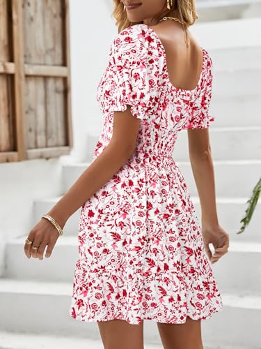 Image of Womens Babydoll Mini Dress Casual Square Neck Short Sleeve Summer Dresses | Empire Waist, Smocked, Flowy, Short Beach Dress, Vacation, Floral, Boho