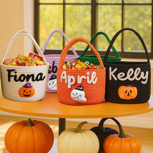Personalized Halloween Baskets for Kids Custom Halloween Candy Basket with Name Trick or Treat Bags Pumpkin Bucket Gifts for Boys Girls Home Decor
