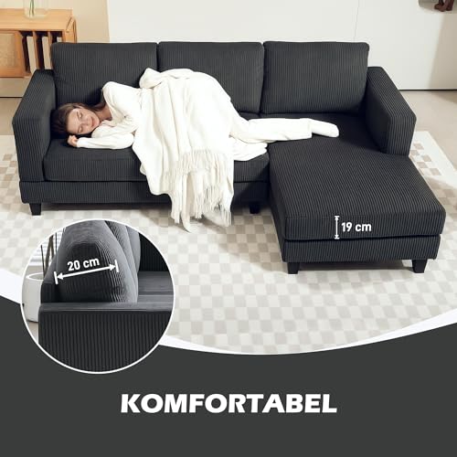 HOMCOM Ecksofa Couch mit Chaiselongue 3 Sitzer Sofa L Form Gepolsterte Eckcouch mit Cord-Optik, Hochdichtem Schaumstoff, bis 400 kg, für Wohnzimmer, Schlafzimmer, 214 x 134 x 87 cm Dunkelgrau
