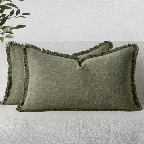 Image of MIULEE Decorative Lumbar Throw Pillow Covers Neutral Linen Fringe Throw Pillows Set of 2 Olive Green Boho Farmhouse Cushion Covers for Couch Sofa Bed Living Room Spring Home Decor 12x20 Inch