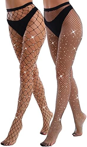 VEBZIN 2 Pack Sparkly Large And Medium Mesh Fishnet Tights For Women Sexy Glitter Rhinestone Fishnets Stockings