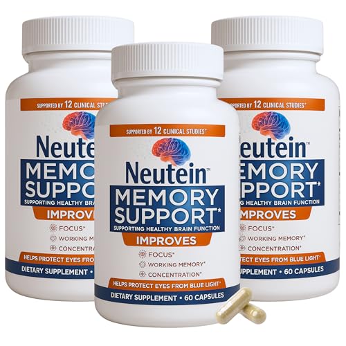 Neutein Memory & Focus Supplement – Clinically Studied Plant-Based Brain Support for Adults & Seniors, Supports Concentration & Recall, Made in USA (3 Pack, 180 Capsules)