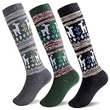 Kids Ski Socks 3 Pack Over Calf Thicken Cotton Elk Pattern Winter Sport Socks 7-13 Years Boys/Girls (Black + Green + Grey)