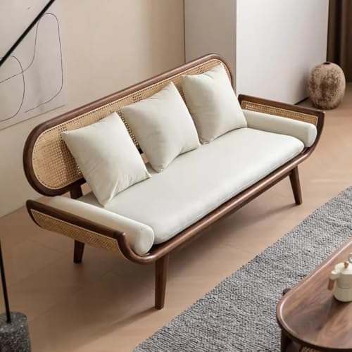 Image of Modern Rattan Cane Sofa with Curved Arms Wooden Frame, Beige Cushions and Throw Pillows Sofa for Living Room, Bedroom, Hallways (3+2 Seater)