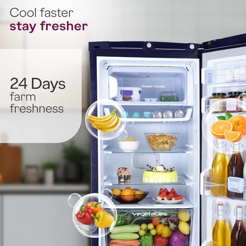 Image of Godrej 185L 4 Star Single Door Refrigerator with 24 Days Farm Freshness, Advanced Inverter Technology Jumbo Vegetable Tray, Toughened Glass Shelves & 5 Years Warranty (RD 195DN TAI MN BL, Marine Blue)