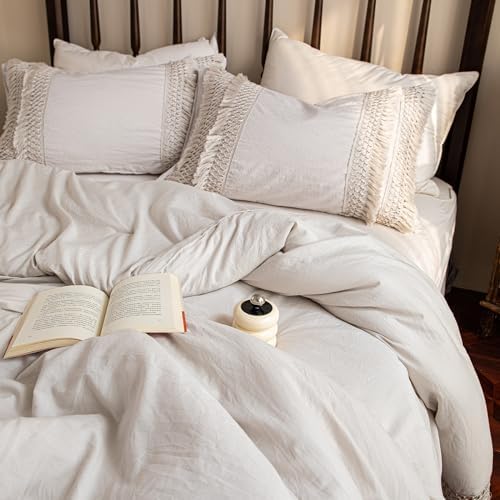 Beige Boho Comforter Cotton King Bed Set Cream Tassel