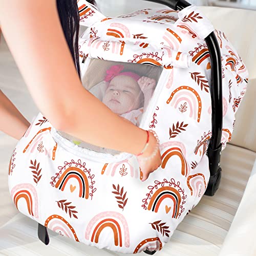 Image of Pea Pod Baby Car Seat Cover Girls, Infant Rainbow Car Seat Covers Canopy for Newborn,2 Layers Windows of Breathable Mesh /Fabric, Lightweight Polyester /Minky Dot Backing, Snug Fit Most Baby Car Seat
