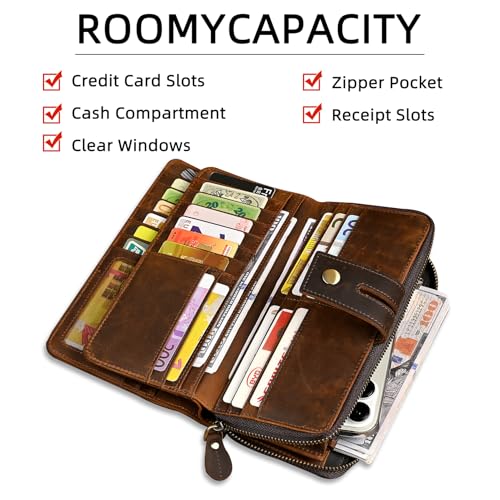 Image of Genuine Crazy Horse Leather Travel Gift Coin Pocket Card Case Long Organizer Chain Rfid Wallet Purse With Snap For Men Male 1803 1815 (1814 Brown)
