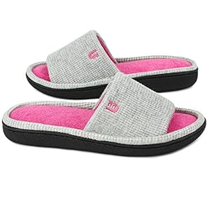 LongBay Women’s Waffle Slippers Open Toe Slip On Memory Foam Flat Summer House Slipper