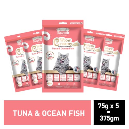 Image of Grain Zero Creamy Lickable Cat Treats (75g x 5 Pouches) Total 375g | Tuna & Ocean Fish | Promotes Hydration | No Artificial Preservatives | Best for Training & Bonding | for Kitten & Adult