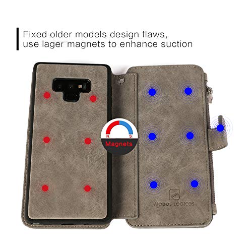 Modos Logicos Case For Samsung Galaxy Note 9 6.4", [Detachable Wallet Folio][2 In 1][Zipper Cash Storage][14 Card Slots 1 Id Window] Pu Leather Purse With Removable Inner Magnetic Tpu Case - Grey #TOP6