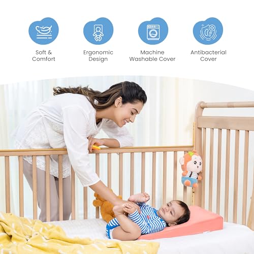 Image of Cherilo Standard Elevated Wedge Pillow for Baby Crib & Mattress, Helps to Elevate Baby for Acid Reflux, Colic, GERD, Heat Burn & Vomiting | 14 inch x 19 inch x 3.5 inch | - with Removable Velvet Cover - Peach