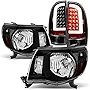 AKKON - For Pickup Truck 2005-2011 Toyota Tacoma Black Headlights + LED Black Tube Tail Light Brake Lamps Pair