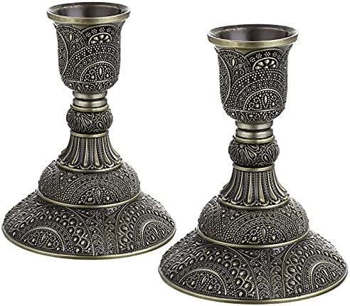OwnMy Set of 2 Taper Candle Holders Vintage Metal Pillar Candlestick Holders 4”H, Elegant Brass Candle Stick Holders Decorative Candelabra Set for Dining Table Centerpieces Wedding, Antique Bronze
